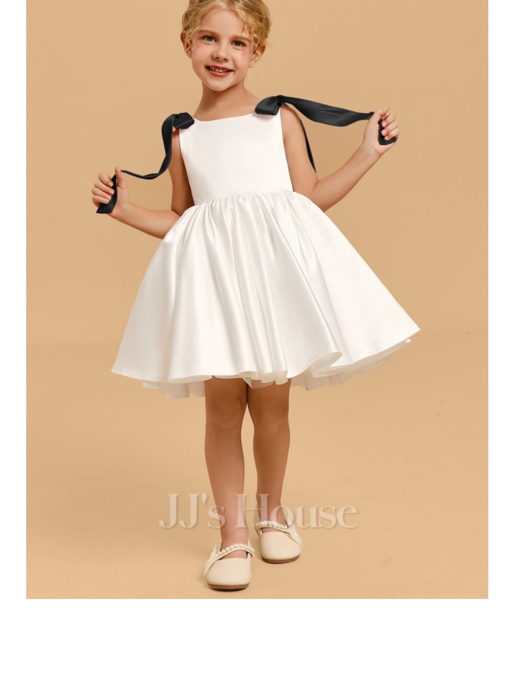 Ivory Satin Flower Girl Dress with Black Shoulder Bows